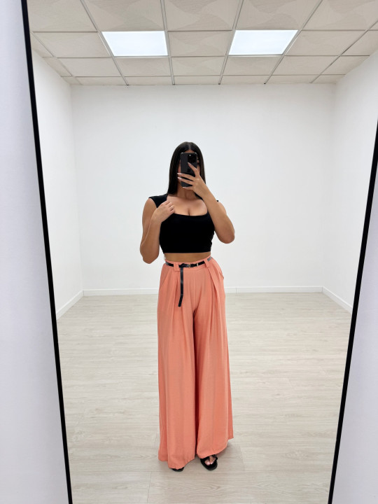 PANTALÓN WIDE LEG FLUIDO + CINTURÓN CORAL